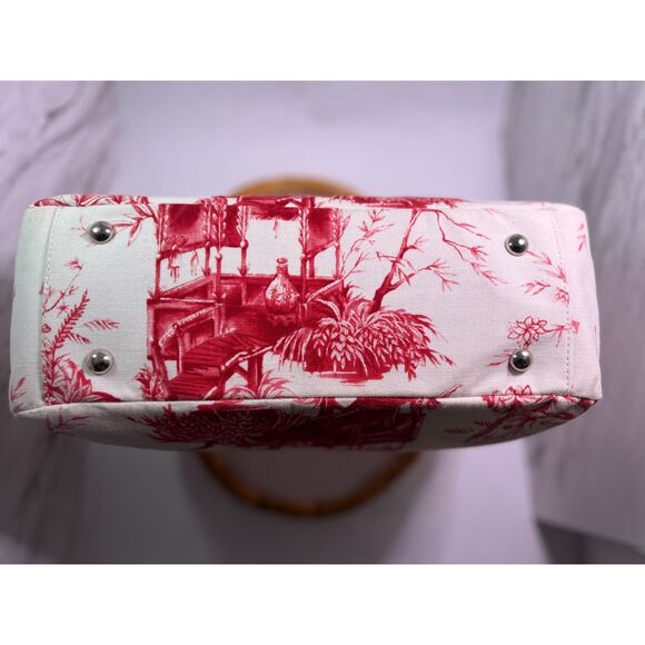 Talbots Red Toile Bamboo Handle Bag | Chinoiserie Pagoda Print | Top Handle - Picture 4 of 8